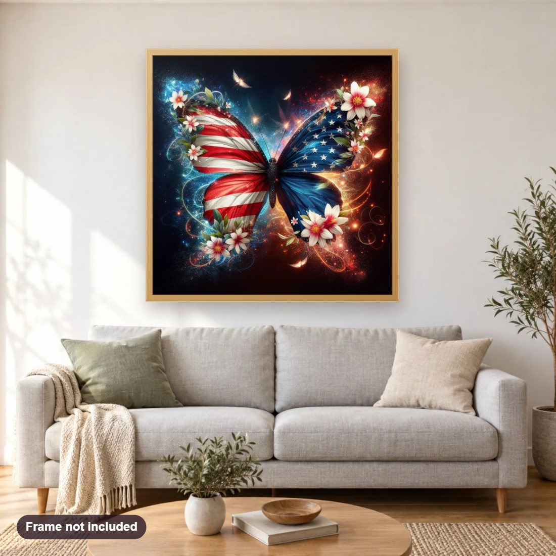 Butterfly Reflecting the American Flag diamond painting shown framed on a living room wall above a sofa