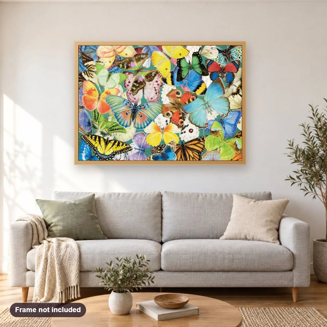 Colorful Butterfly Species diamond painting shown framed on a living room wall above a sofa