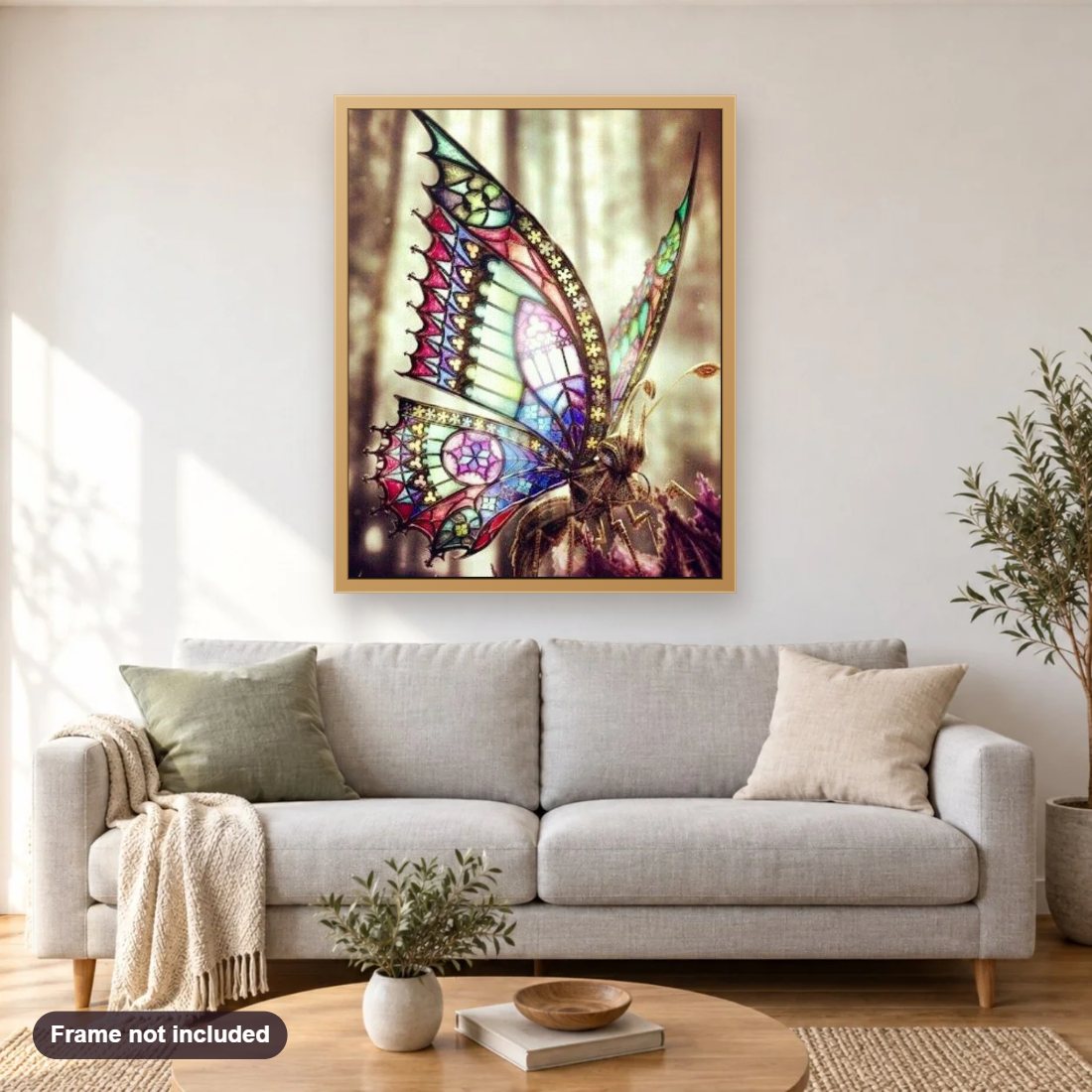 Butterfly with Stained Glass Wings diamond painting shown framed on a living room wall above a sofa