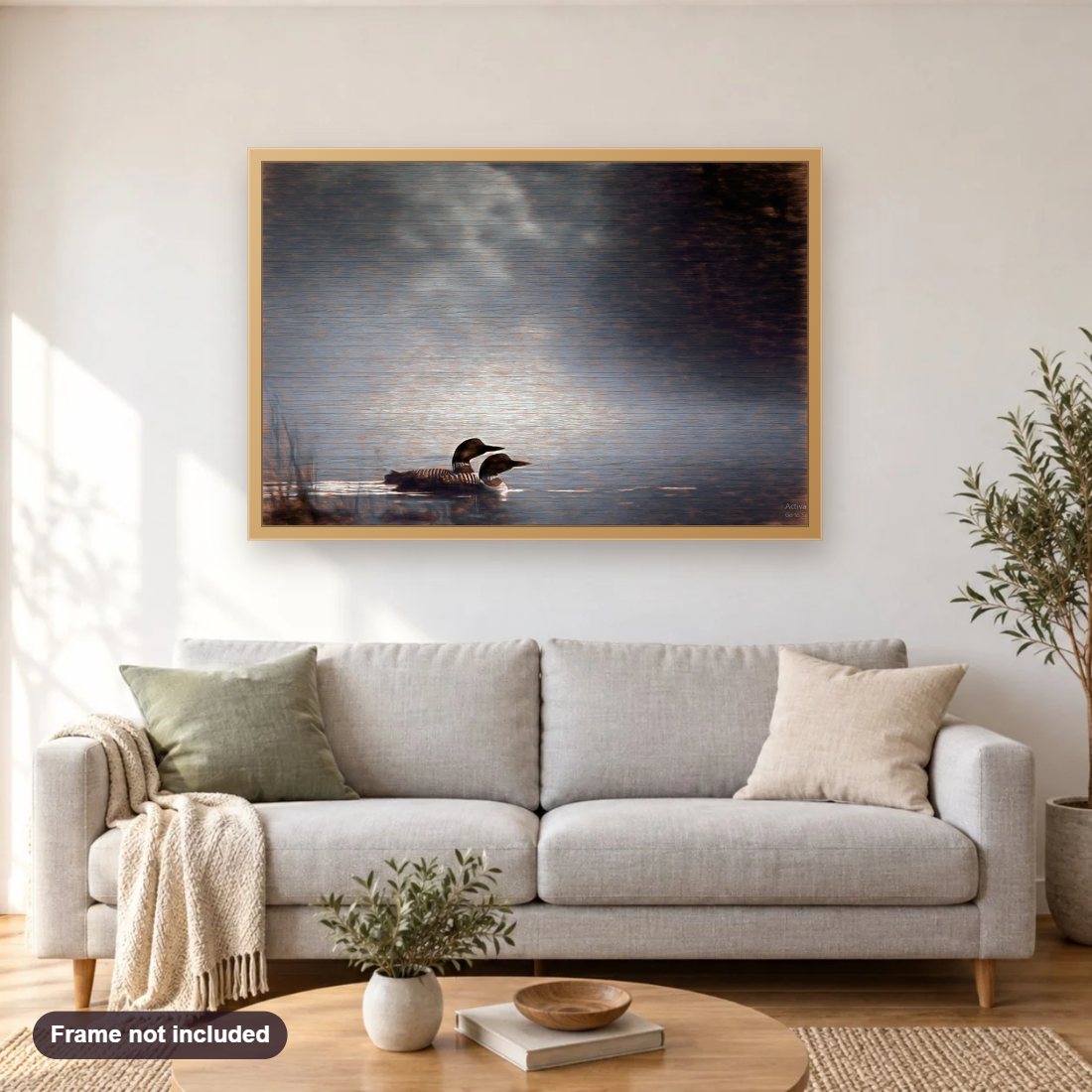 By Your Side diamond painting shown framed on a living room wall above a sofa