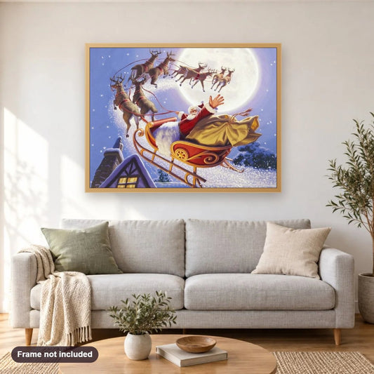 Bye Bye Santa Claus diamond painting shown framed on a living room wall above a sofa