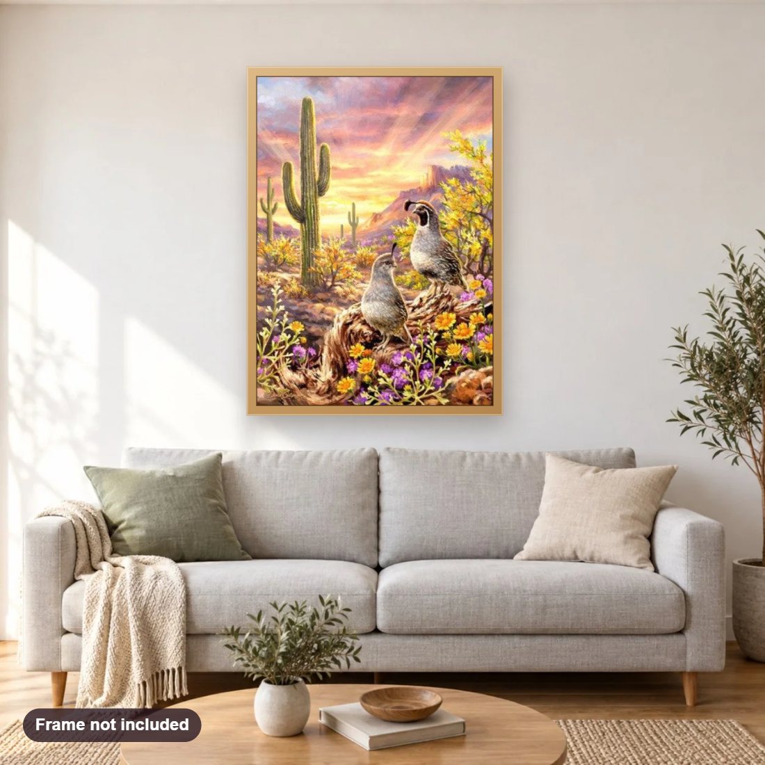 Cactus & Birds diamond painting shown framed on a living room wall above a sofa