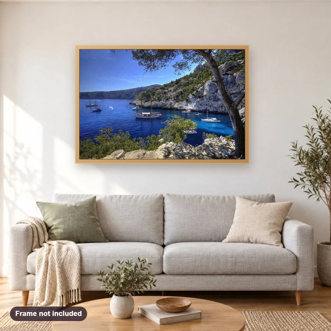 Calanque de Sugiton diamond painting shown framed on a living room wall above a sofa
