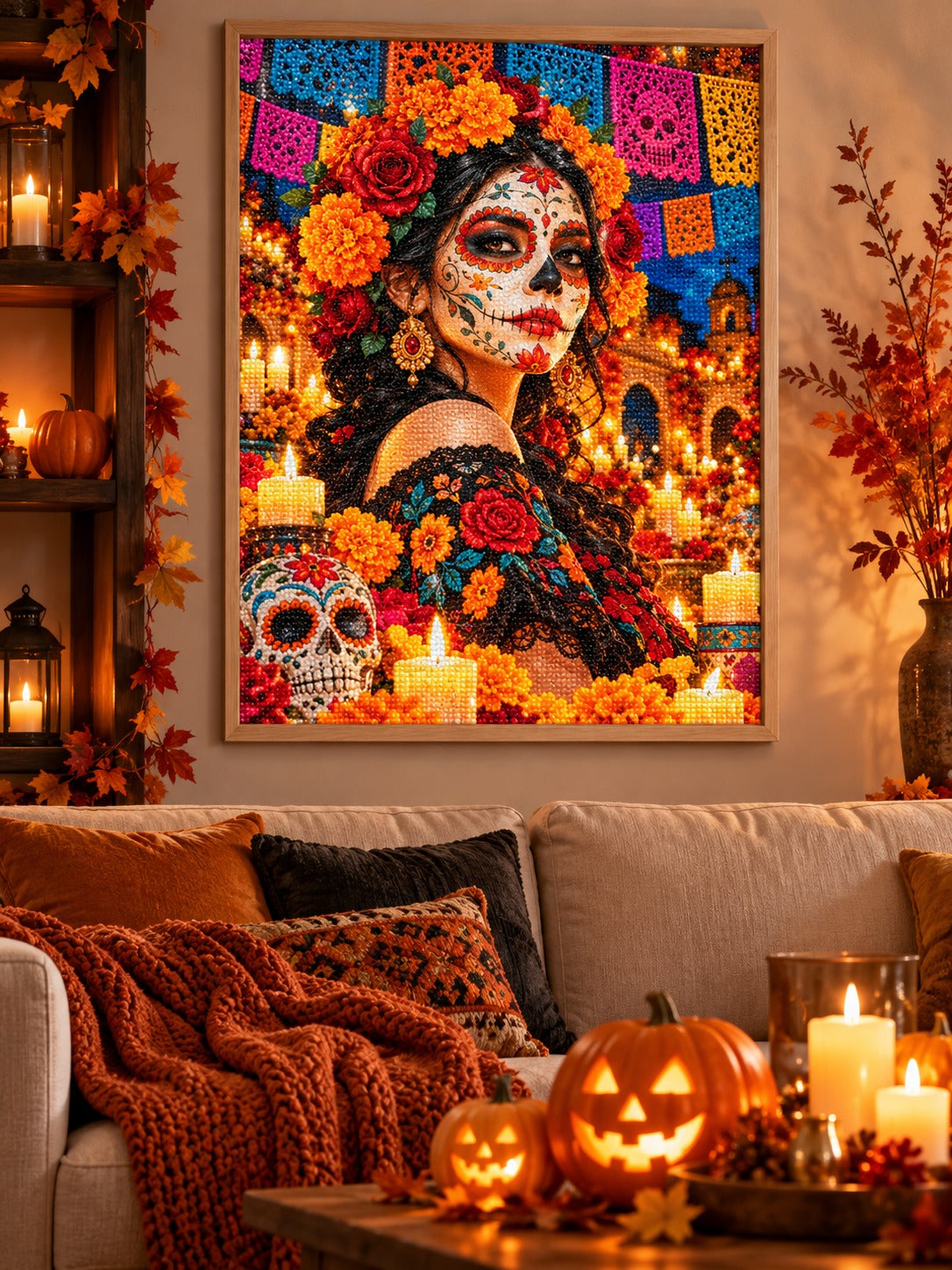 Finished Day of the Dead calavera queen with marigolds and roses diamond painting in a light oak frame hanging in a cozy living room decorated for autumn and Halloween