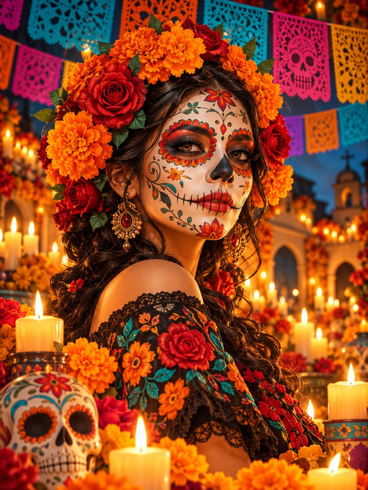 Day of the Dead calavera queen with marigolds and roses, Halloween diamond painting kit by All Diamond Painting