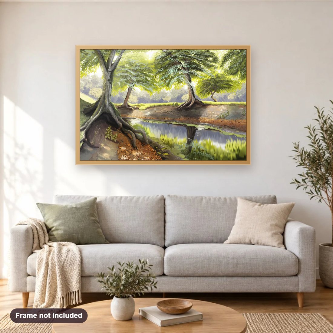 California Oaks diamond painting shown framed on a living room wall above a sofa