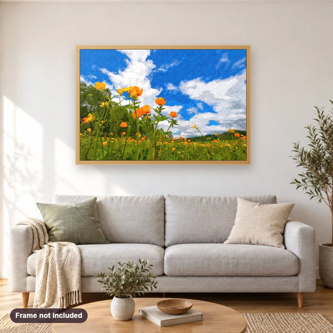 California Poppies Under Blue Skies diamond painting shown framed on a living room wall above a sofa
