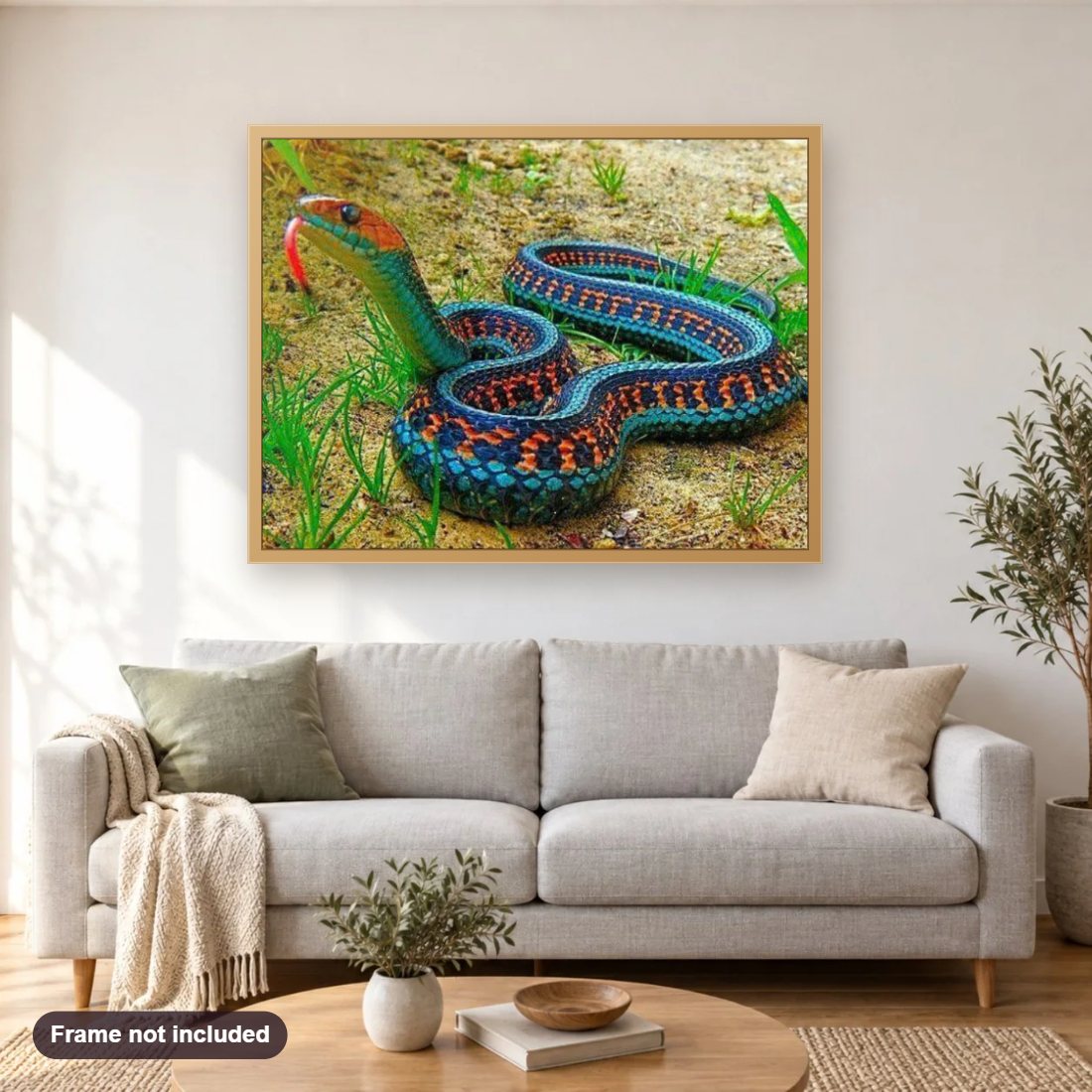 California Red Sided Garter Snake diamond painting shown framed on a living room wall above a sofa