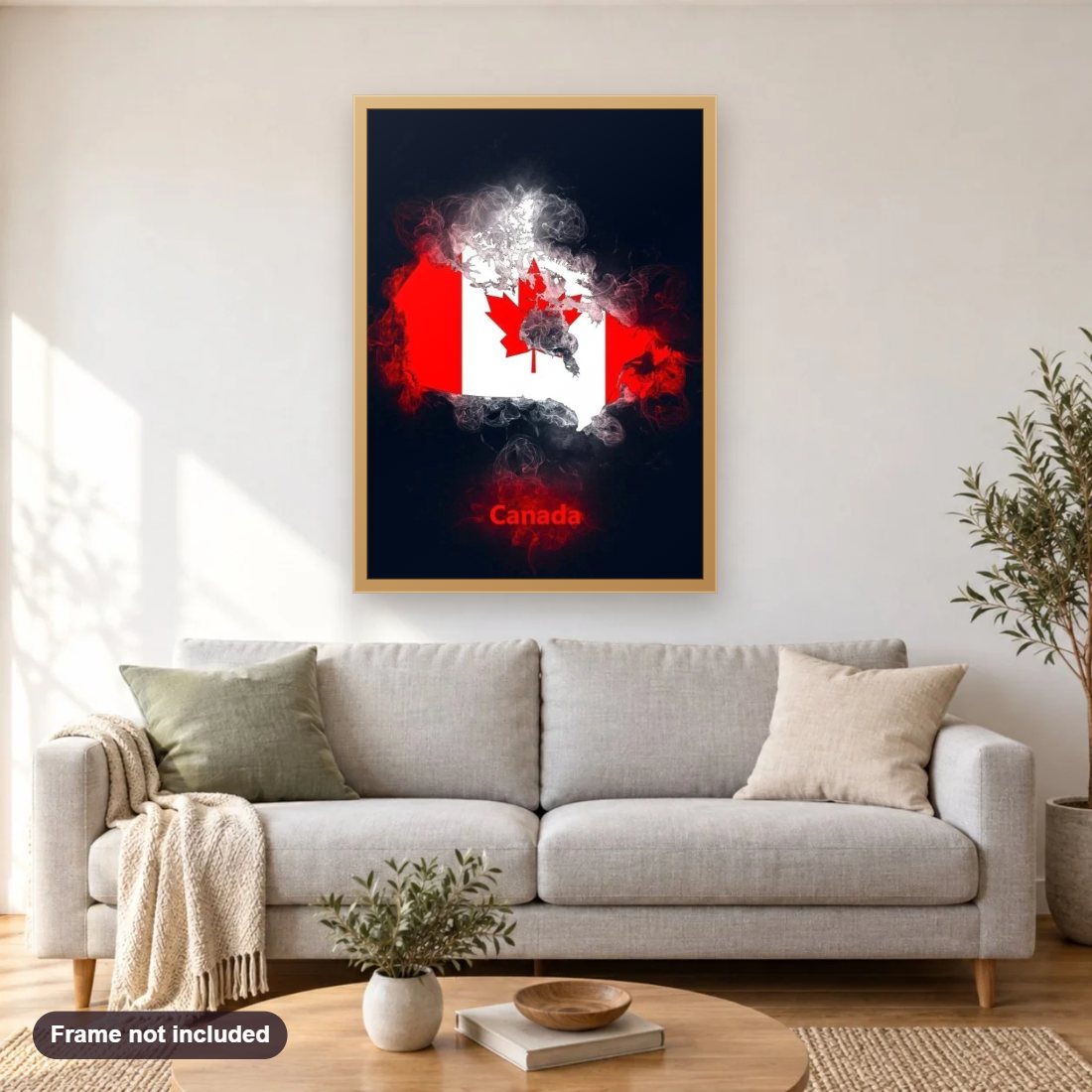 Canada Country Map diamond painting shown framed on a living room wall above a sofa