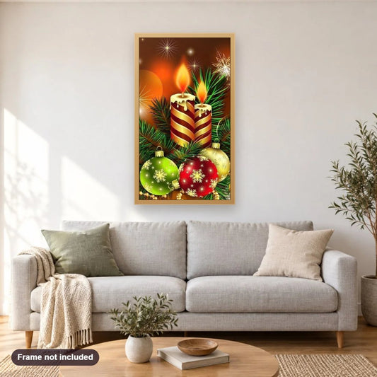 Candlelit Christmas Cheer diamond painting shown framed on a living room wall above a sofa