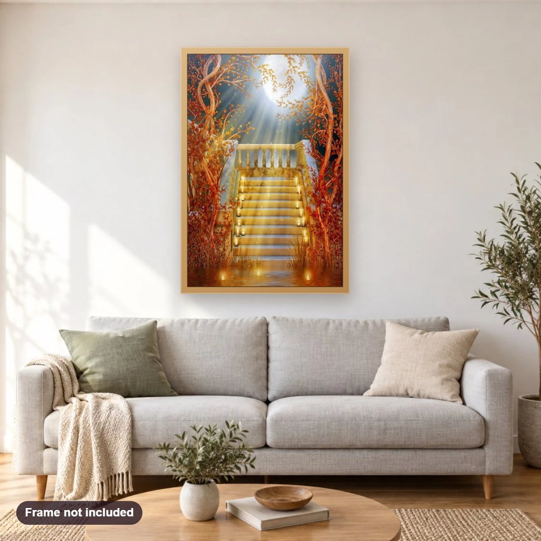 Candles on Beautiful Staircase diamond painting shown framed on a living room wall above a sofa
