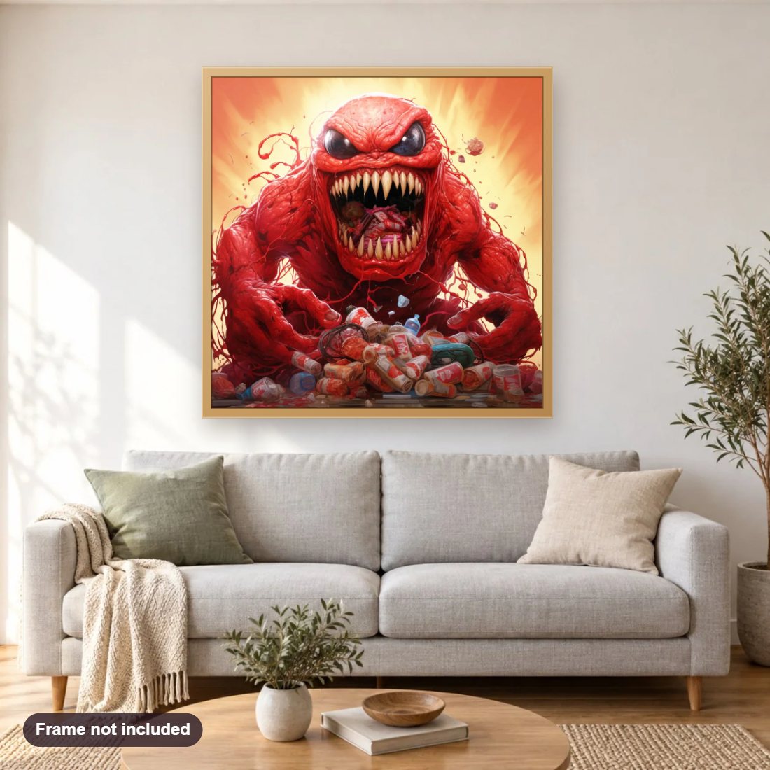 Candy Monster diamond painting shown framed on a living room wall above a sofa