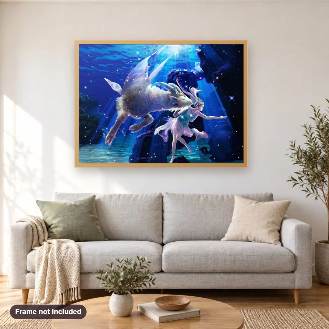 Capricorn Zodiac diamond painting shown framed on a living room wall above a sofa