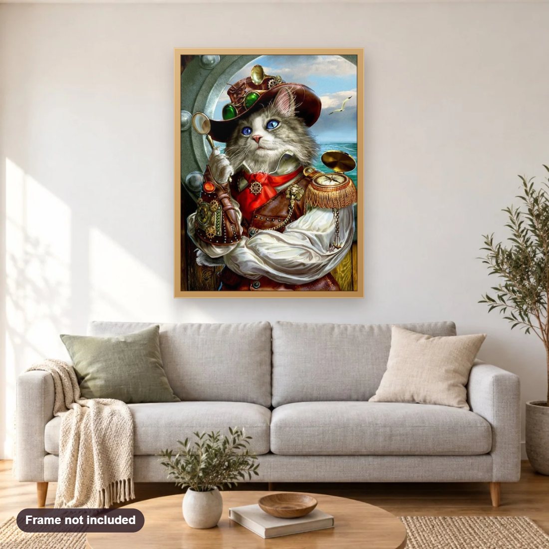 Captain Cat diamond painting shown framed on a living room wall above a sofa