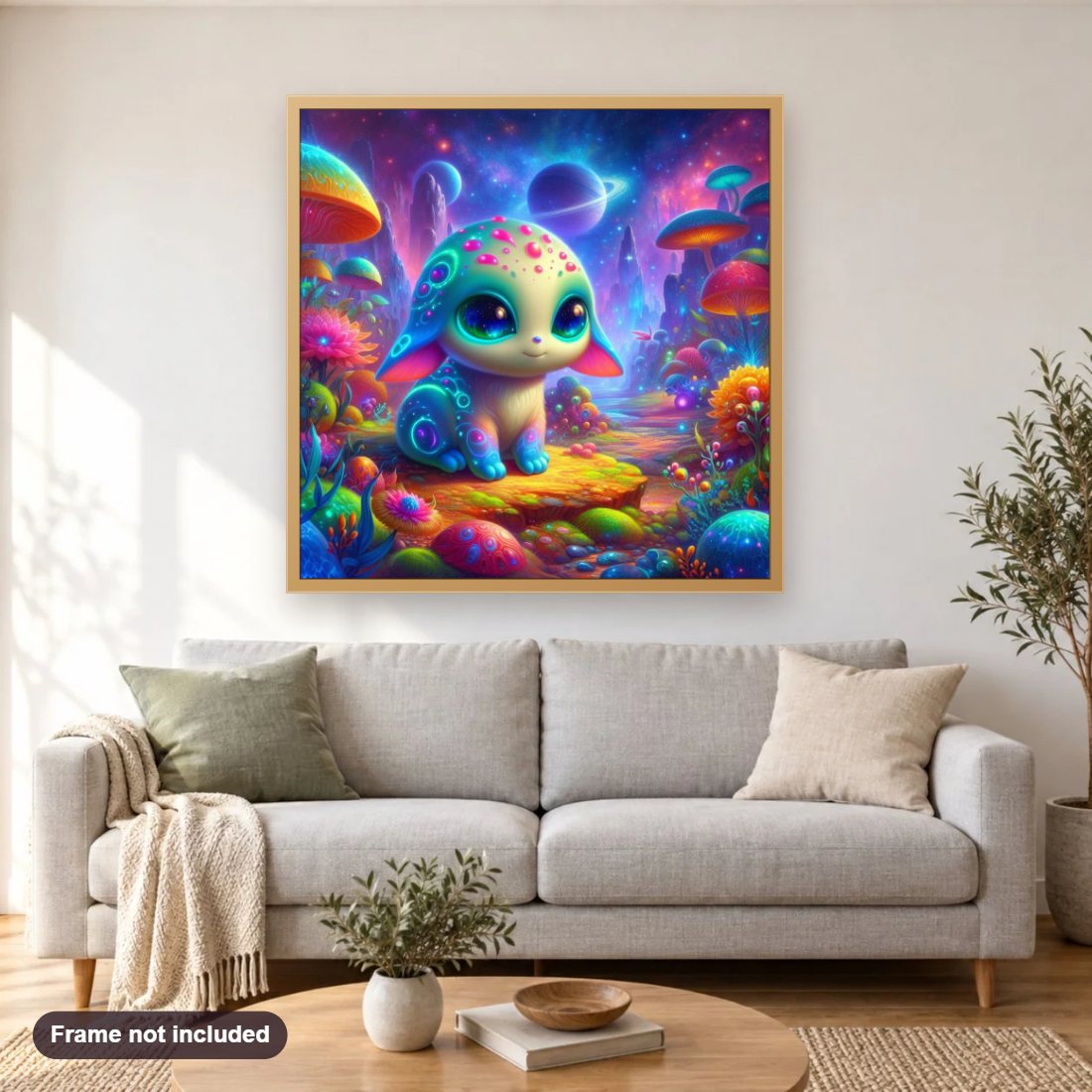 Captivatingly Mesmerizing Artwork diamond painting shown framed on a living room wall above a sofa