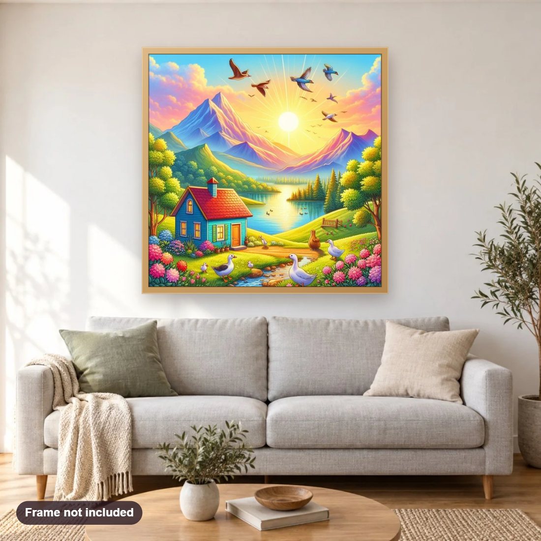 Capturing Beauty in a Colorful Landscape diamond painting shown framed on a living room wall above a sofa