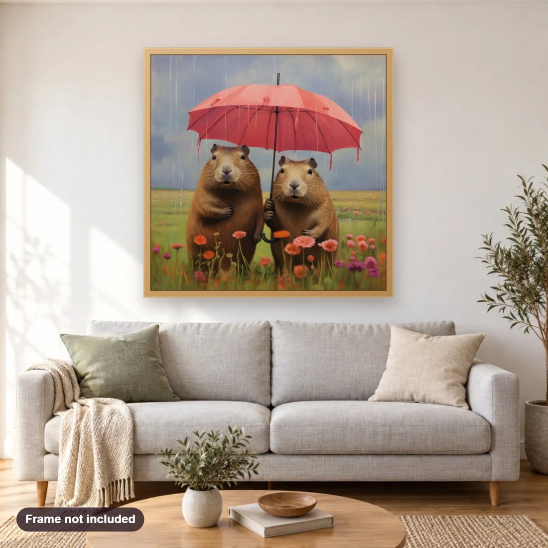 Capybara Pair Enjoying Rain with Umbrella diamond painting shown framed on a living room wall above a sofa