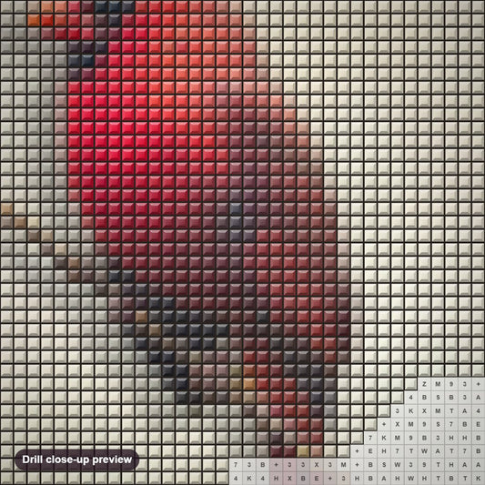 Close-up preview of the Cardinal diamond painting with square 5D drills and printed canvas symbols