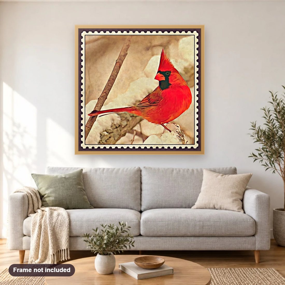 Cardinal Postage Stamp diamond painting shown framed on a living room wall above a sofa