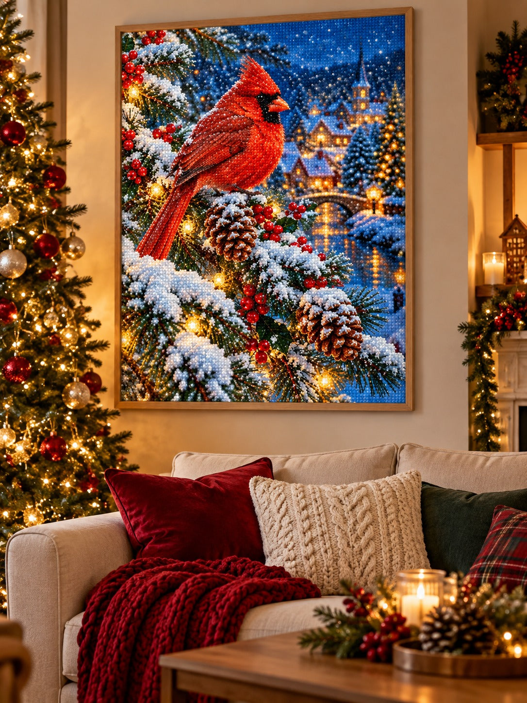 Finished red cardinal on a snowy pine branch at twilight diamond painting in a light oak frame hanging in a cozy living room decorated for Christmas