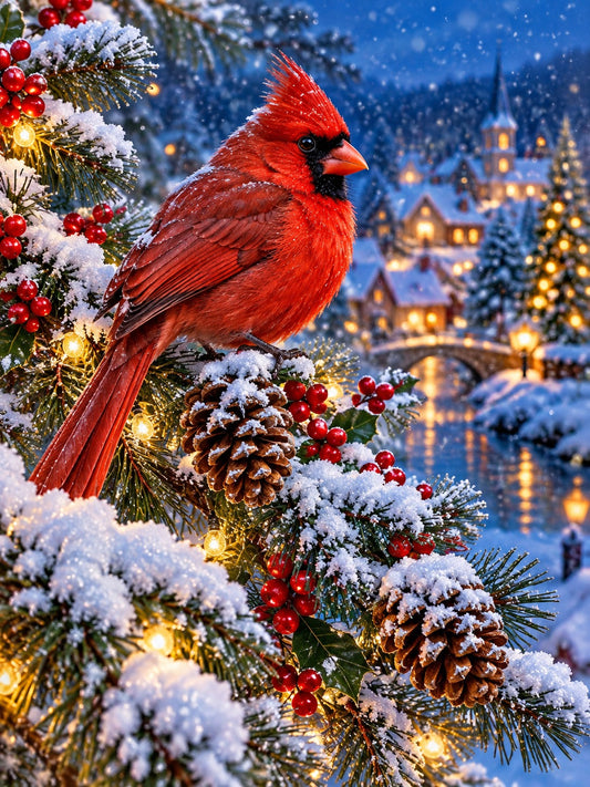 Red cardinal on a snowy pine branch at twilight, Christmas diamond painting kit by All Diamond Painting