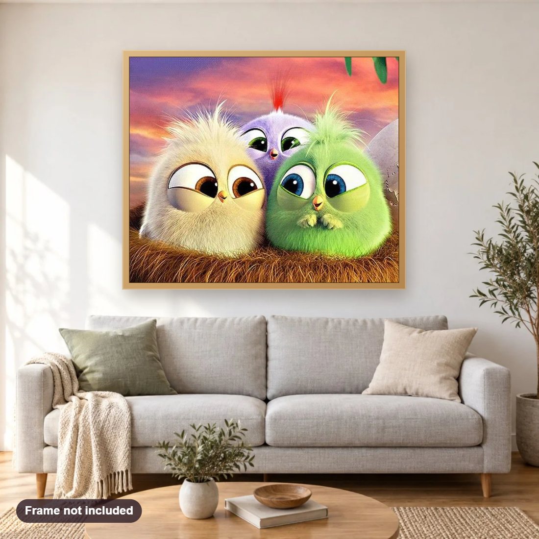 Cartoon Birds diamond painting shown framed on a living room wall above a sofa