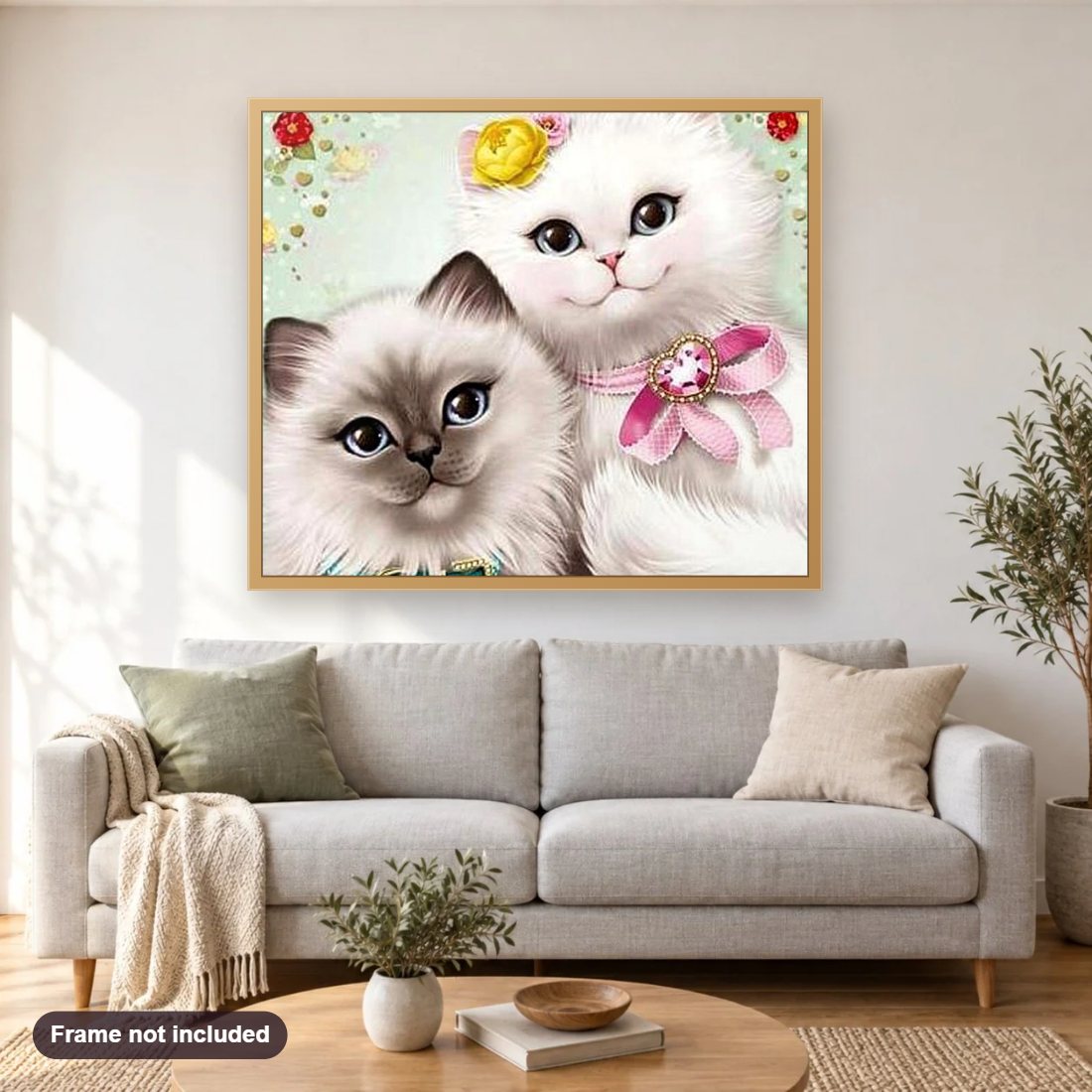 Cartoon Cats diamond painting shown framed on a living room wall above a sofa