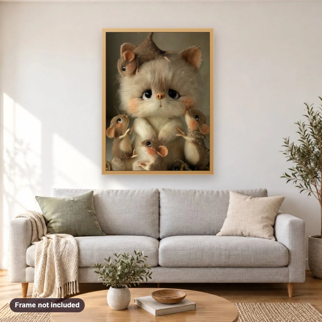 Cartoon Cats & Mouse diamond painting shown framed on a living room wall above a sofa