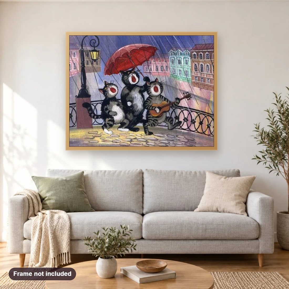 Cartoon Cats Playing Guitar diamond painting shown framed on a living room wall above a sofa