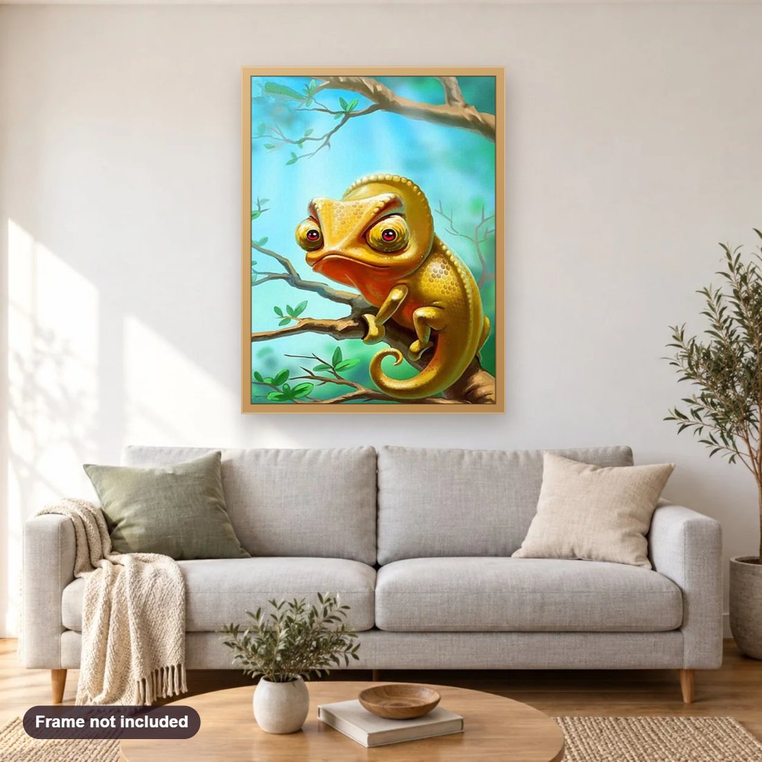 Cartoon Chameleon diamond painting shown framed on a living room wall above a sofa