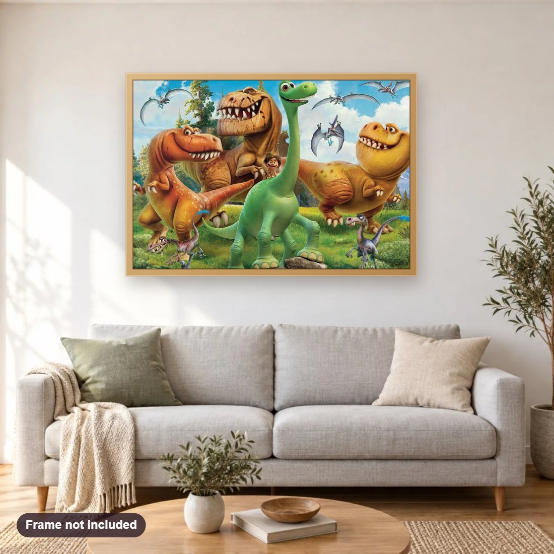 Cartoon Dinosaurs diamond painting shown framed on a living room wall above a sofa