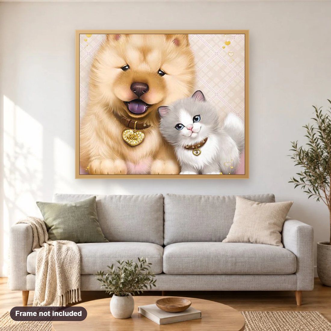 Cartoon Dog & Cat diamond painting shown framed on a living room wall above a sofa