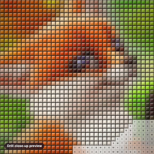 Close-up preview of the Cartoon Fox & Butterfly diamond painting with square 5D drills and printed canvas symbols