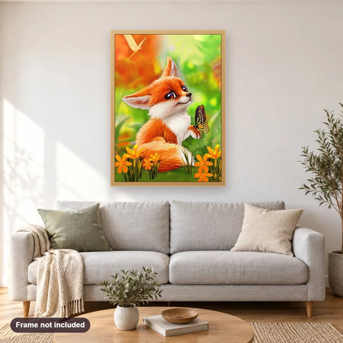 Cartoon Fox & Butterfly diamond painting shown framed on a living room wall above a sofa