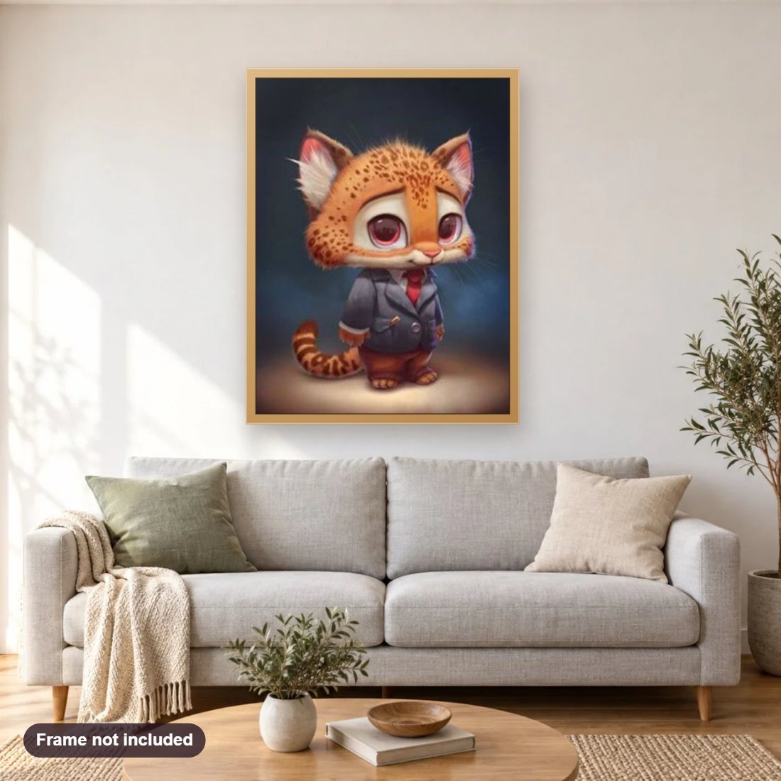 Cartoon Fox diamond painting shown framed on a living room wall above a sofa