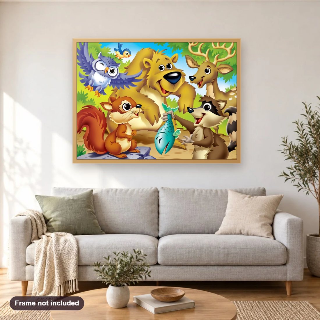 Cartoon Friends diamond painting shown framed on a living room wall above a sofa