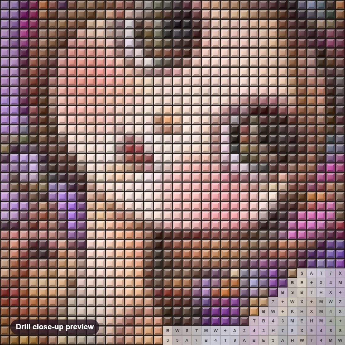 Close-up preview of the Cartoon Girl with Big Eyes diamond painting with square 5D drills and printed canvas symbols