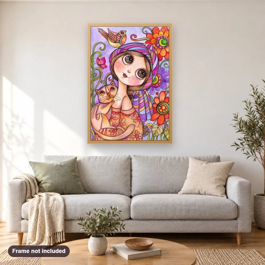 Cartoon Girl with Big Eyes diamond painting shown framed on a living room wall above a sofa