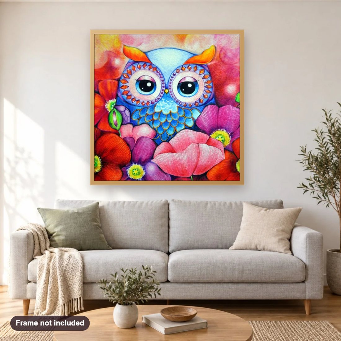 Cartoon Owl & Flowers diamond painting shown framed on a living room wall above a sofa