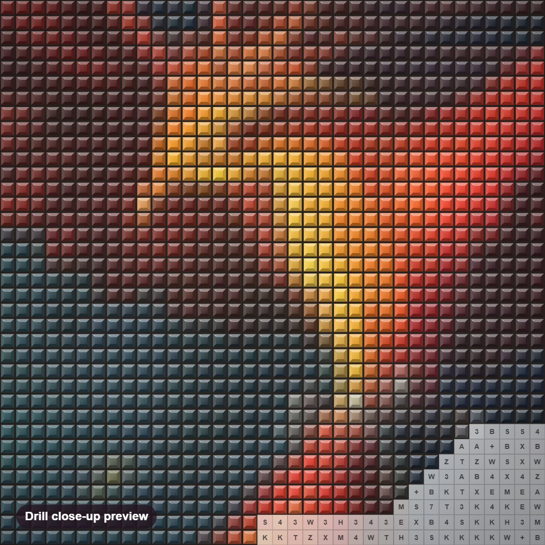 Close-up preview of the Cartoon Phoenix diamond painting with square 5D drills and printed canvas symbols