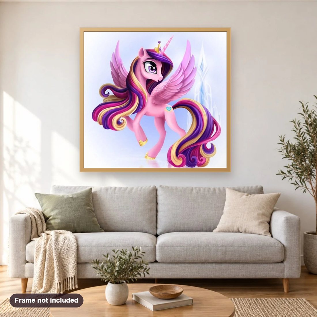 Cartoonist Unicorn diamond painting shown framed on a living room wall above a sofa