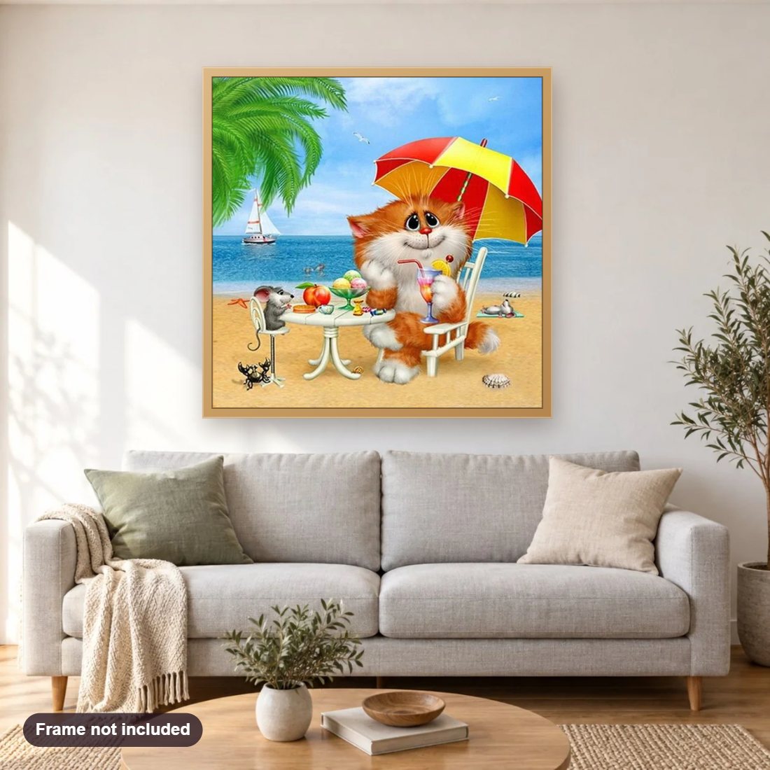 Cartoons on the Beach diamond painting shown framed on a living room wall above a sofa