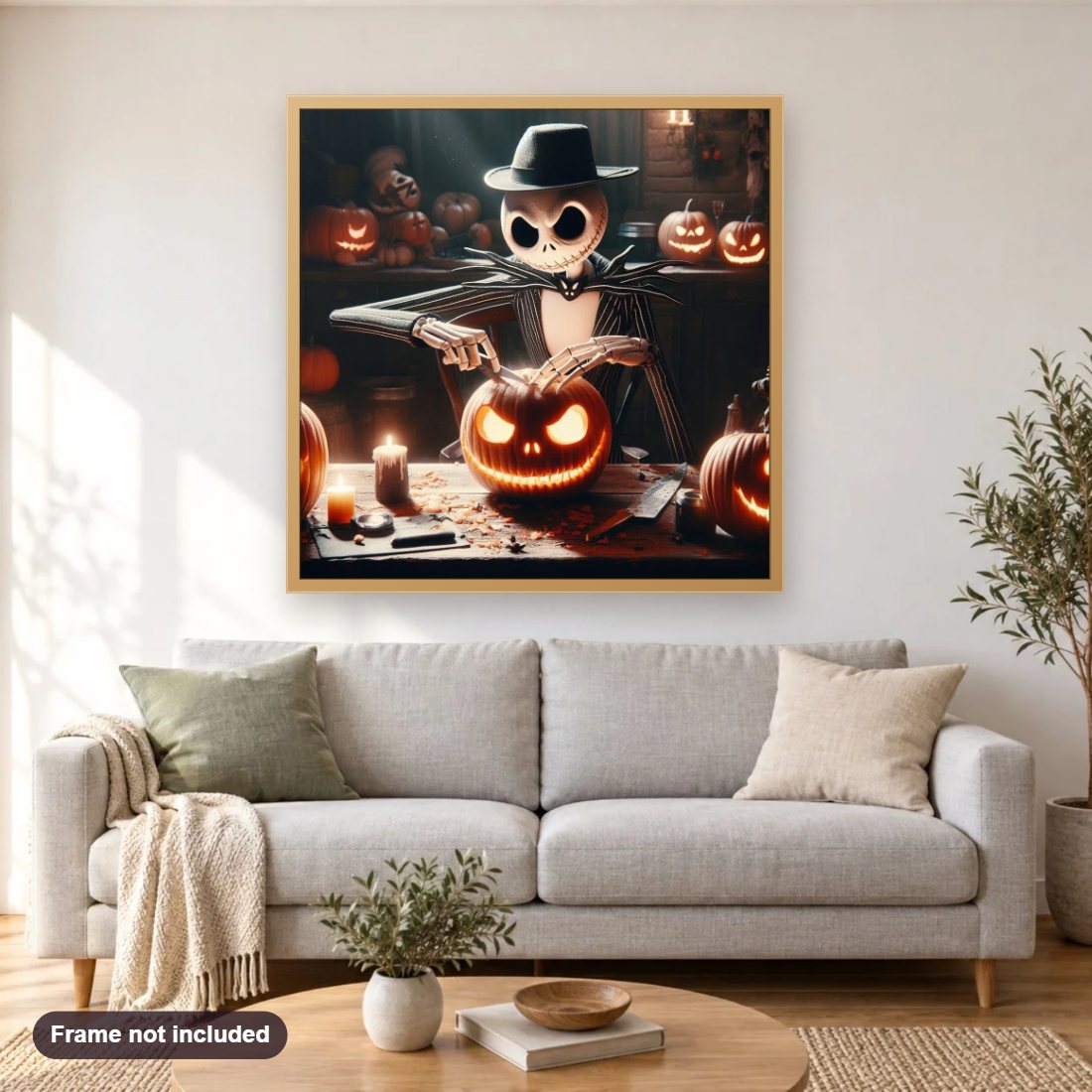 Carving Halloween Pumpkins diamond painting shown framed on a living room wall above a sofa