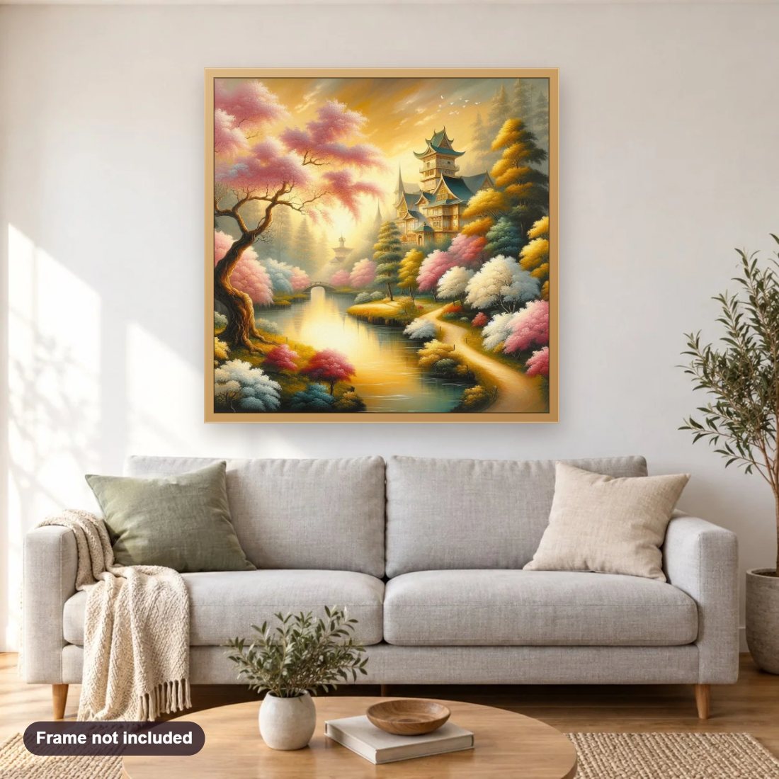 Castle by the Lake's Shore diamond painting shown framed on a living room wall above a sofa