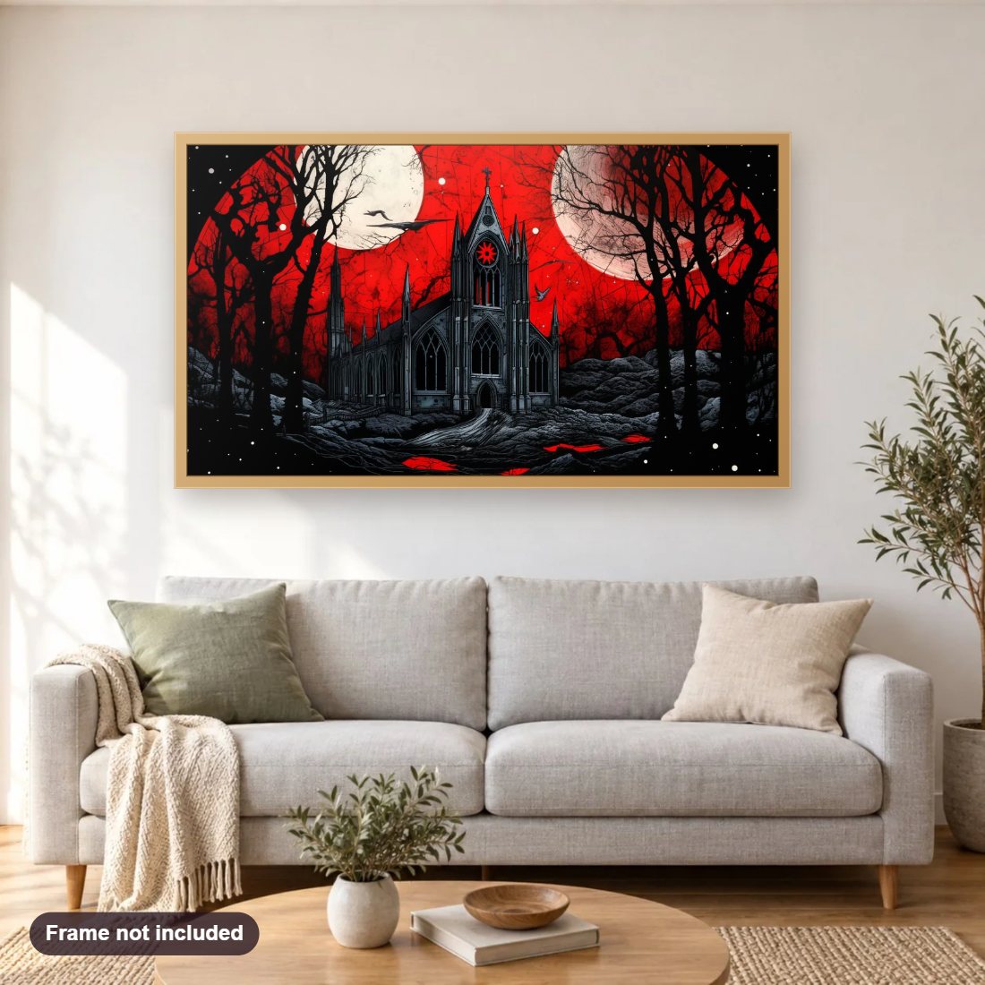 Castle with red Sky diamond painting shown framed on a living room wall above a sofa