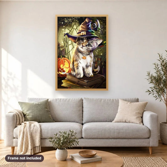 Cat Celebrating Halloween diamond painting shown framed on a living room wall above a sofa