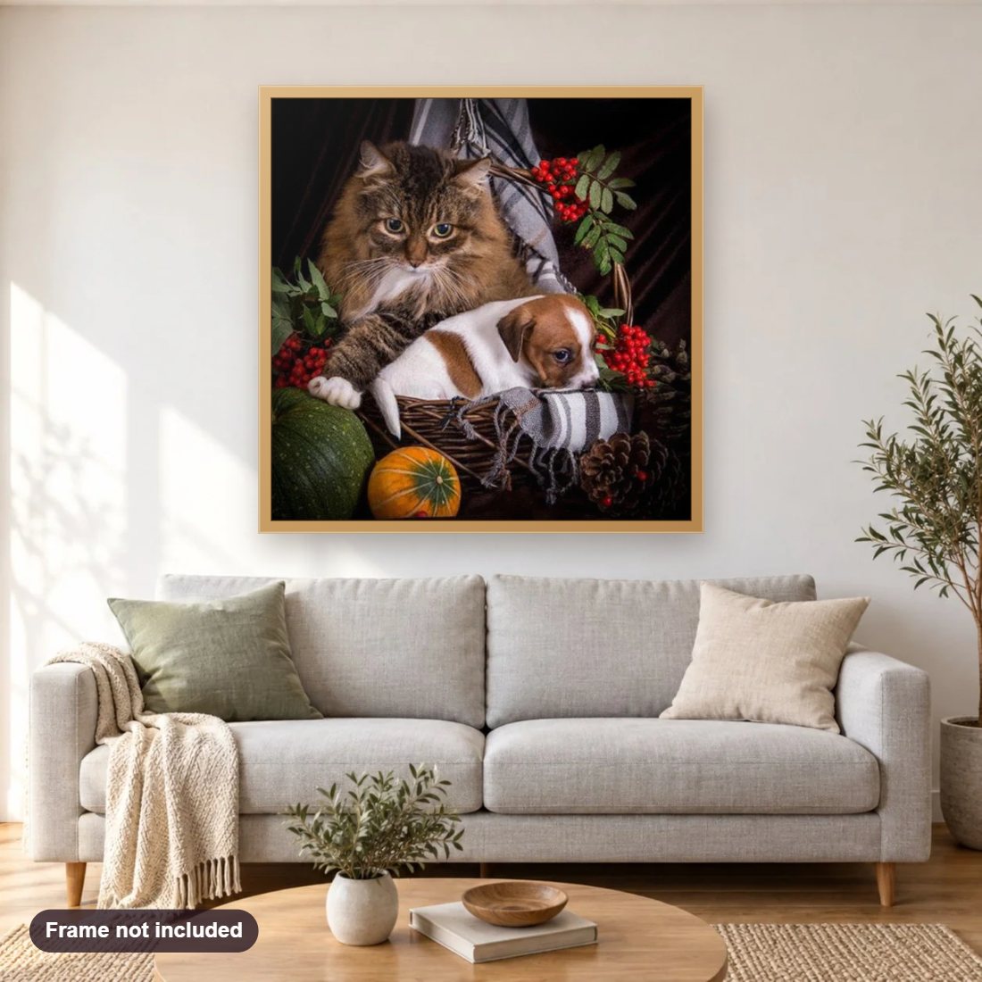 Cat & Cute Puppy diamond painting shown framed on a living room wall above a sofa
