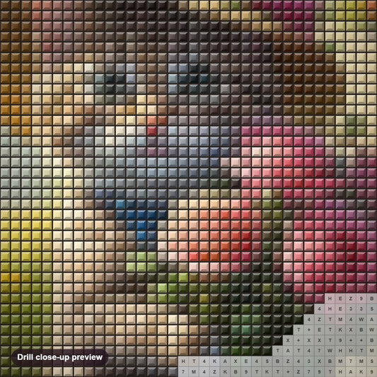 Close-up preview of the Cat Exploring Garden Wonders diamond painting with square 5D drills and printed canvas symbols