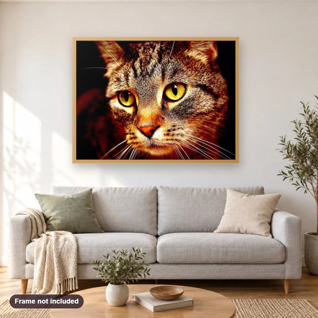 Cat Face Close up diamond painting shown framed on a living room wall above a sofa
