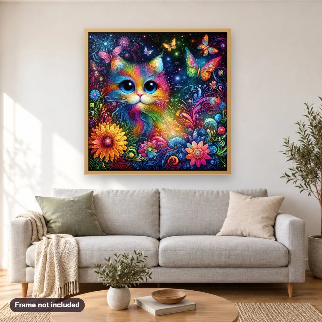 Cat Face with Colorful Flowers & Butterflies diamond painting shown framed on a living room wall above a sofa